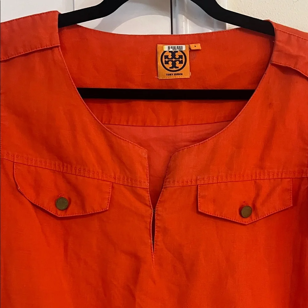 Tory Burch Orange V Neck Tunic Mini Dress Lightweight Rollup Sleeves Size 8 EUC